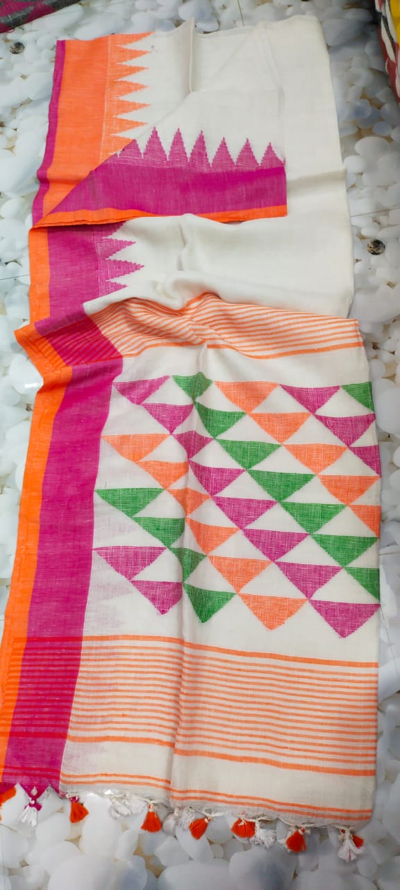 Off-White Pure Linen Saree | Multicolour Temple Woven Border