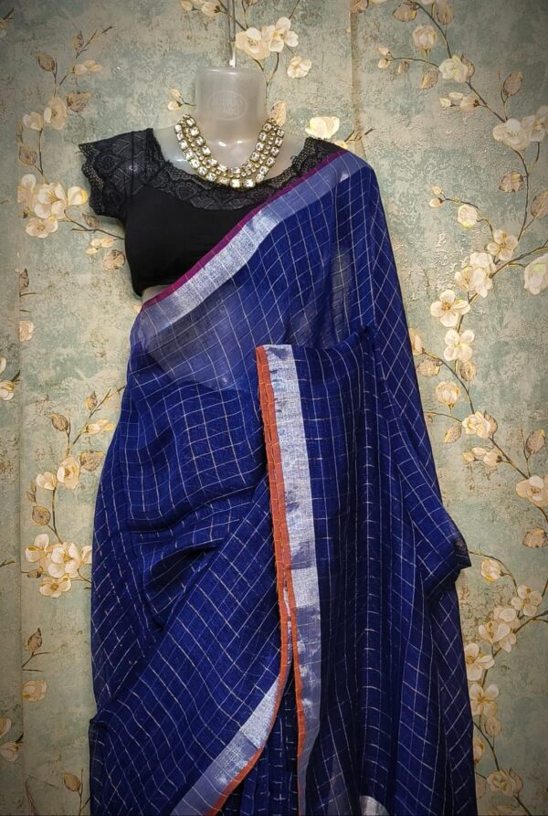 Royal Blue Pure Linen Saree | Silver Zari Woven Throughout