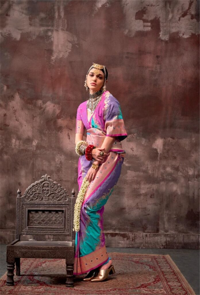 Blue Purple Rangkaat Handloom Weaving Silk Saree