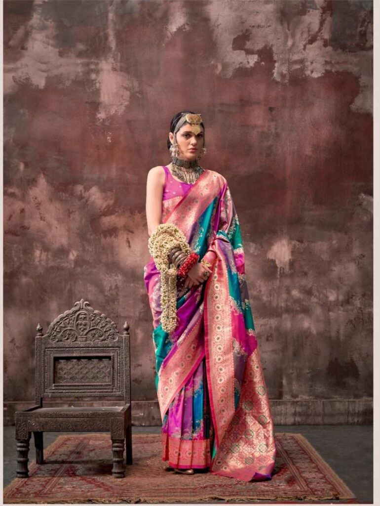 Blue Purple Rangkaat Handloom Weaving Silk Saree