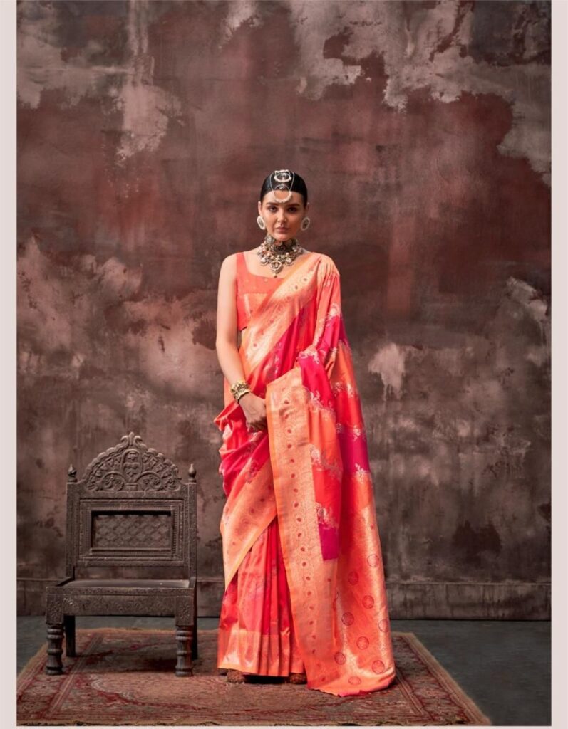 Vibrant Orange Rangkaat Handloom Weaving Silk Saree