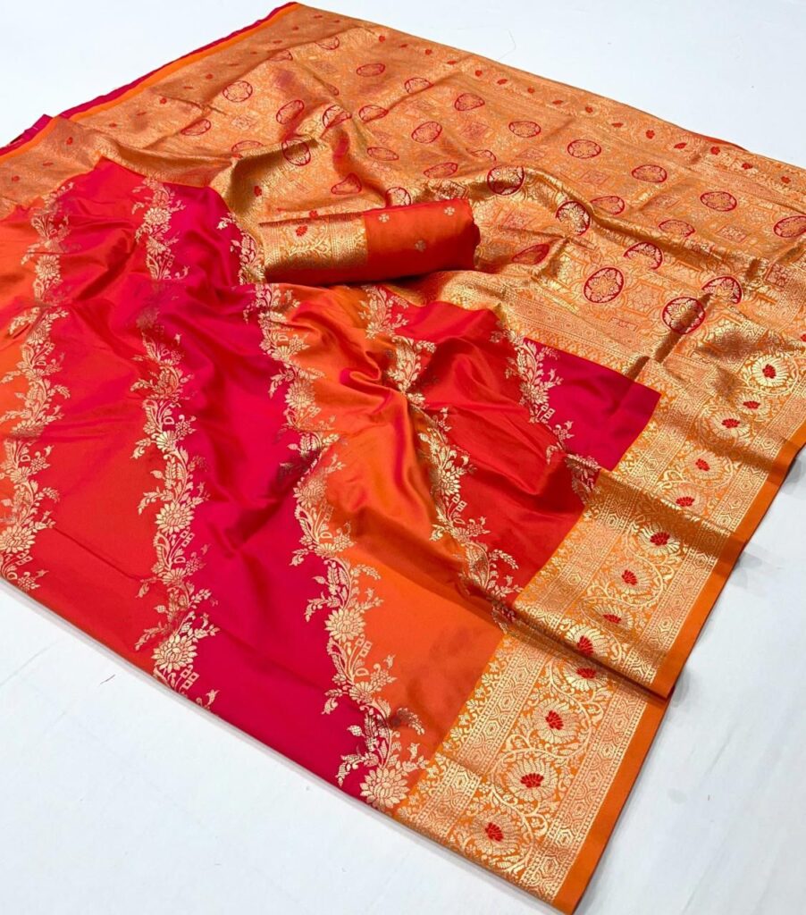 Vibrant Orange Rangkaat Handloom Weaving Silk Saree