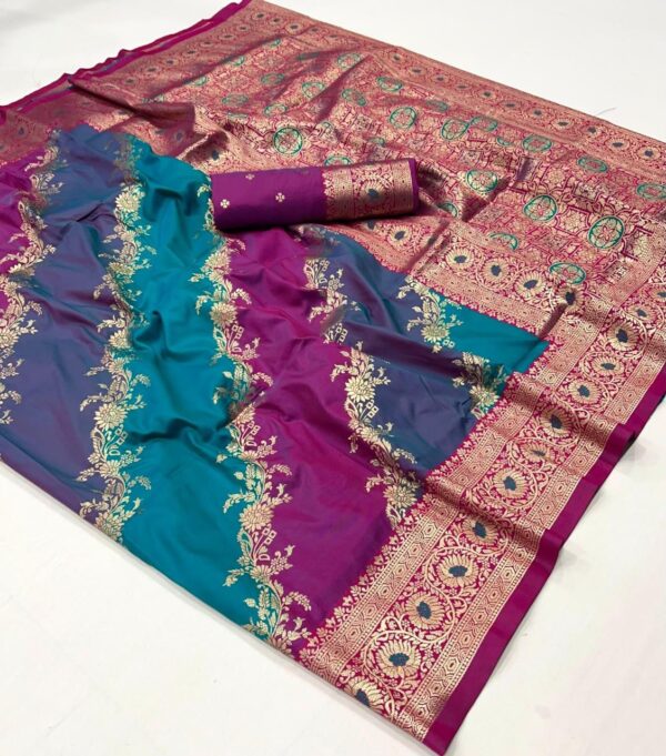 Blue Purple Rangkaat Handloom Weaving Silk Saree