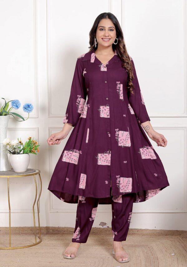 Wine color A-Line Long Kurta Co-ord Set in Premium Rayon Fabric