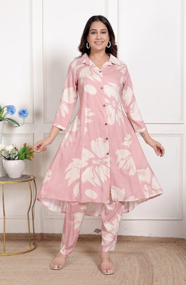 Blush Pink A-Line Long Kurta Co-ord Set in Premium Rayon Fabric