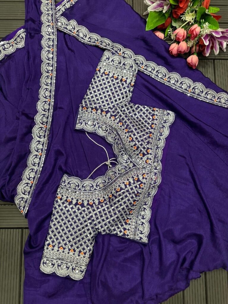 Viscose Satin Ready-to-Wear Saree with Embroidered Border & Blouse