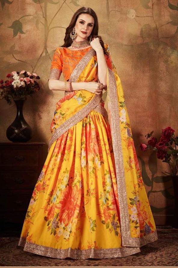 Yellow Orange Digital Floral Print Soft Organza Lehenga with Embroidered Raw Silk Blouse