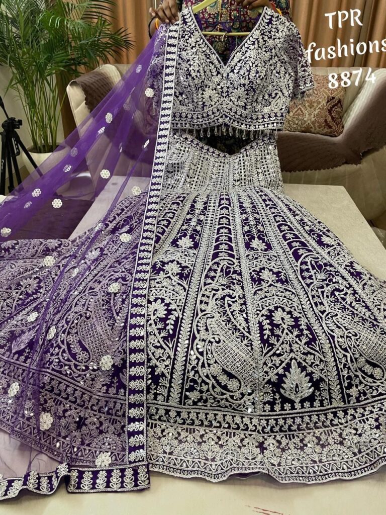 Heavy Purple Net Lehenga with Extensive Embroidery & Mirror Work
