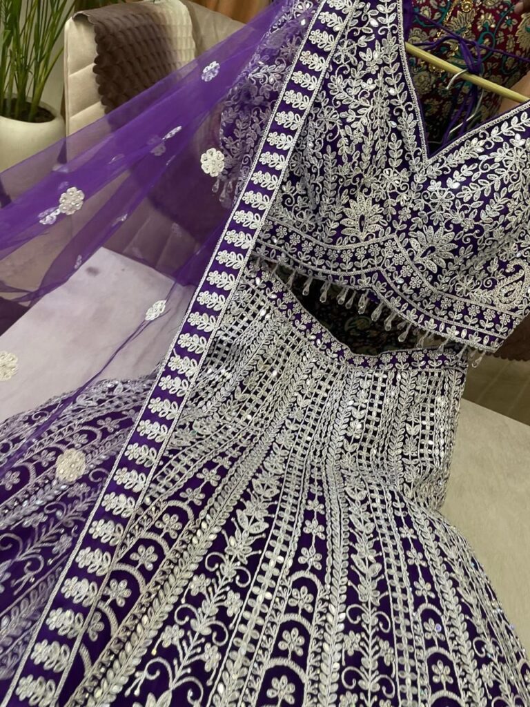 Heavy Purple Net Lehenga with Extensive Embroidery & Mirror Work