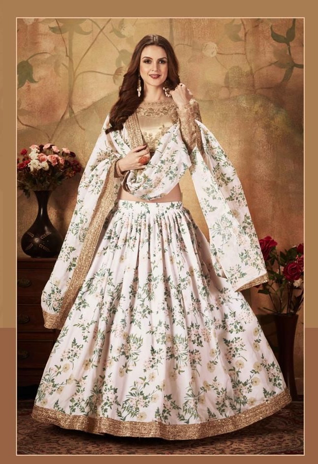 White Floral Digital Print Organza Lehenga with Gold Contrast Raw Silk Blouse