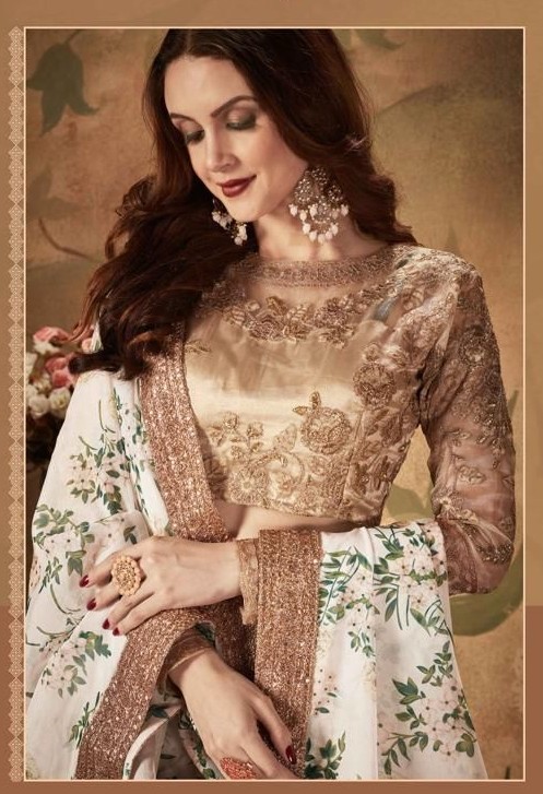White Floral Digital Print Organza Lehenga with Gold Contrast Raw Silk Blouse