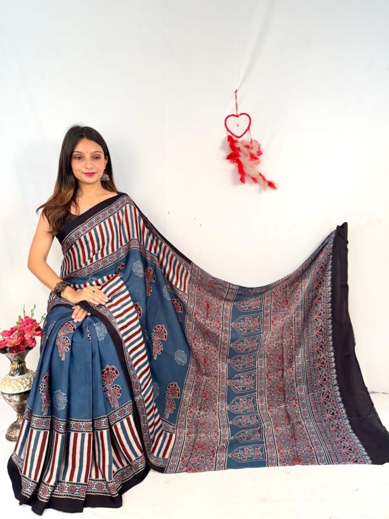 Blue Ajrakh Modal Silk Saree