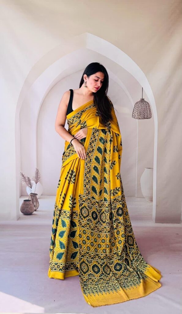 Yellow Ajrakh Print Modal Silk Saree