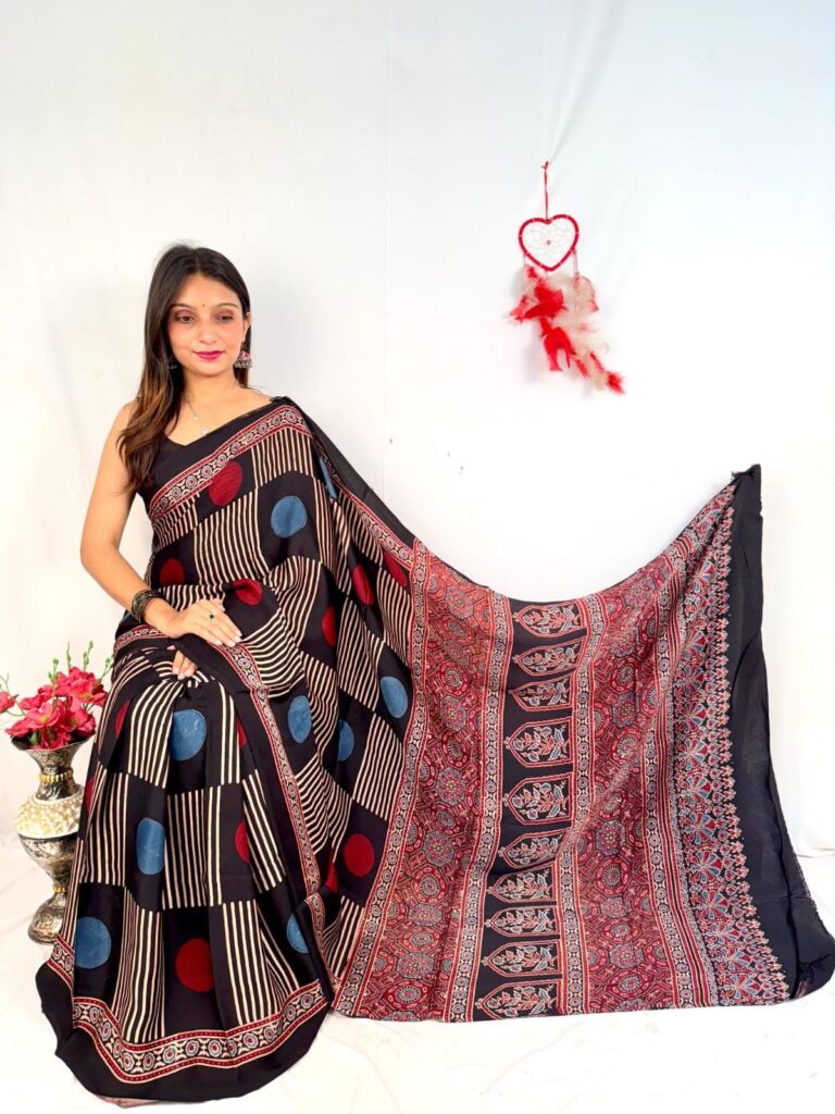Black Modal Silk Saree | Modern Ajrakh Print