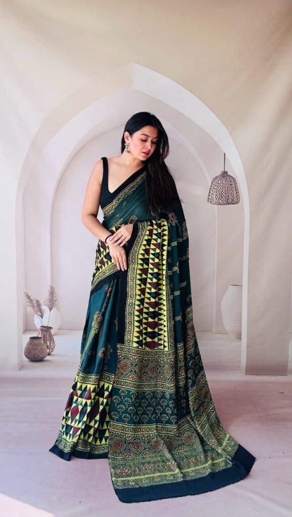 Green Ajrakh Print Modal Silk Saree