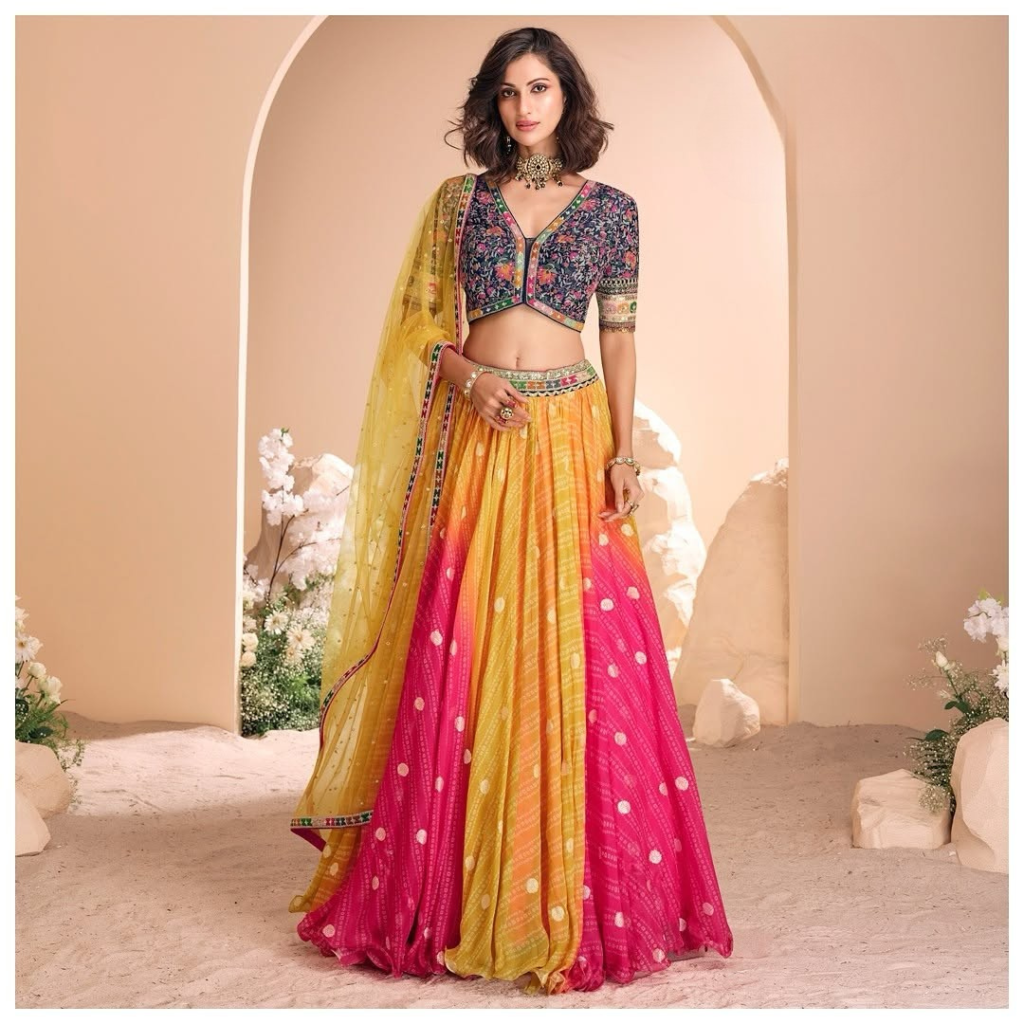 Multicolor Pink Yellow Ombre Lehenga Choli with Floral Embroidered Blouse