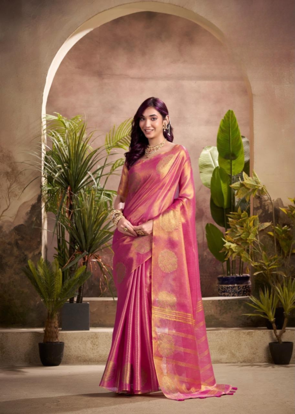 Vibrant Pink Tissue Silk Saree with Gold Zari Weave