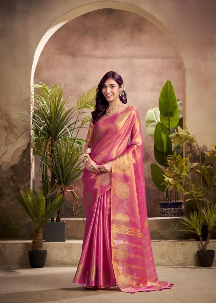 Vibrant Pink Tissue Silk Saree with Gold Zari Weave
