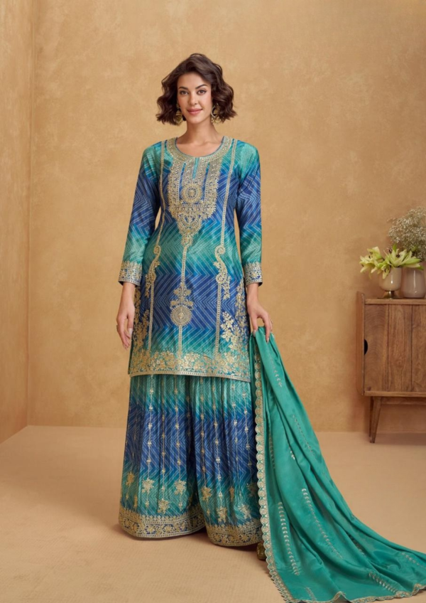 Bandhani Palazzo Set with Embroidery Coding in Chinon Fabric | Blue Teal Embroidered 3pc Suit for Women