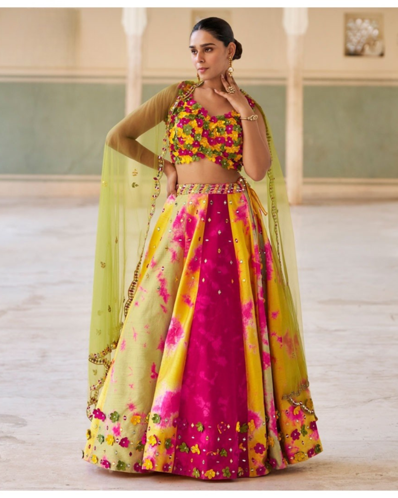 Dreamy Yellow Floral Lehenga Choli with 3D Embellished Blouse & Sheer Dupatta