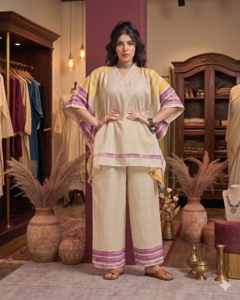 Yellow Purple Soft Linen Kaftan Coord Sets – Effortless Summer Comfort for Dubai