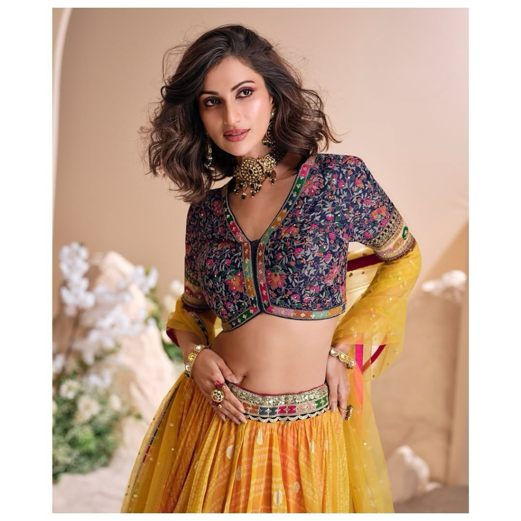 Multicolor Pink Yellow Ombre Lehenga Choli with Floral Embroidered Blouse