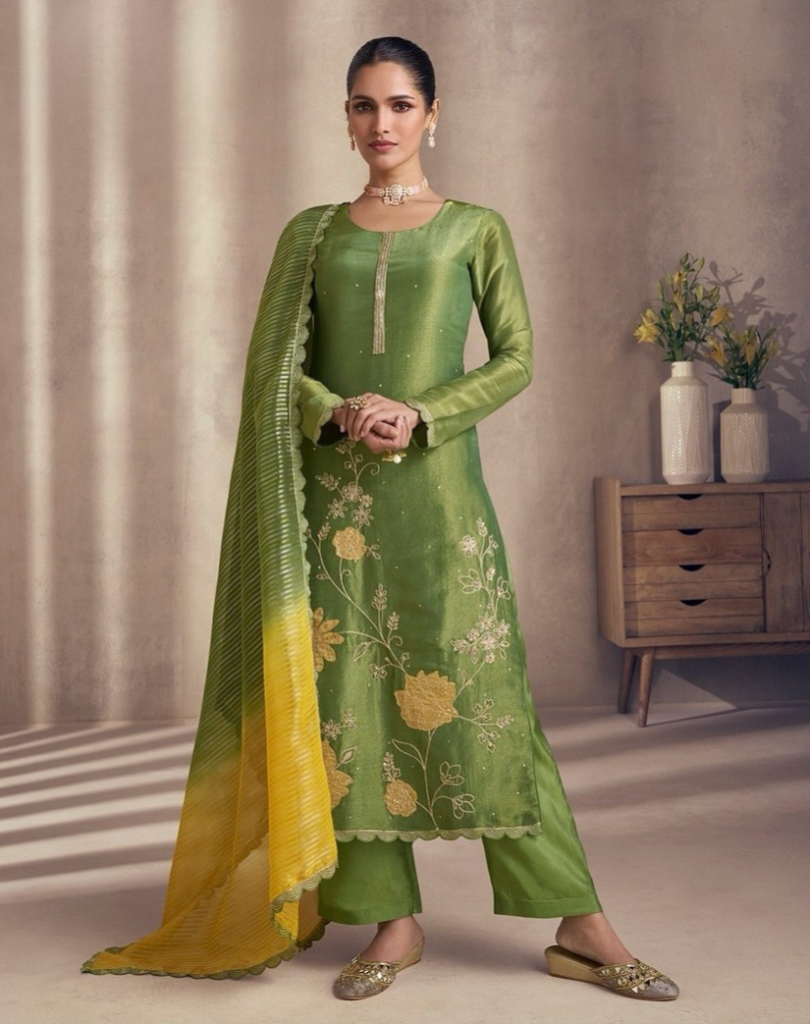 Premium Real Simar Silk Embroidered 3pc Suit with Chinon Dupatta | Green Festive Wear for Women