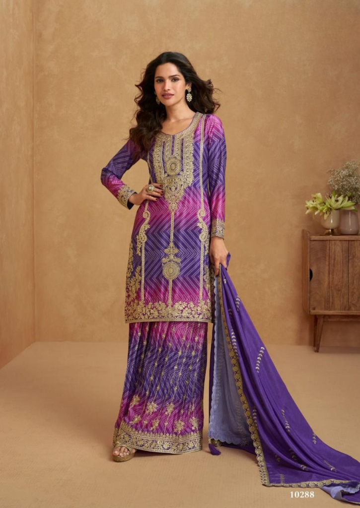 Bandhani Palazzo Set with Embroidery Coding in Chinon Fabric | Purple Magenta Embroidered 3pc Suit for Women