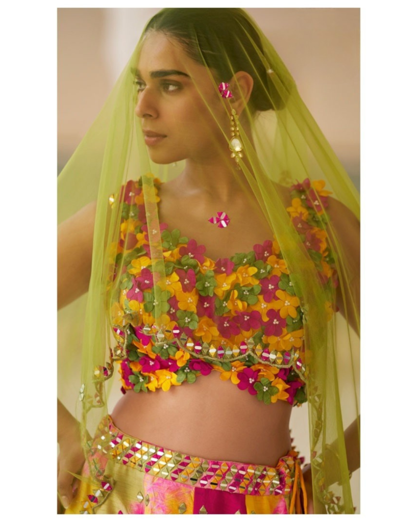 Dreamy Yellow Floral Lehenga Choli with 3D Embellished Blouse & Sheer Dupatta