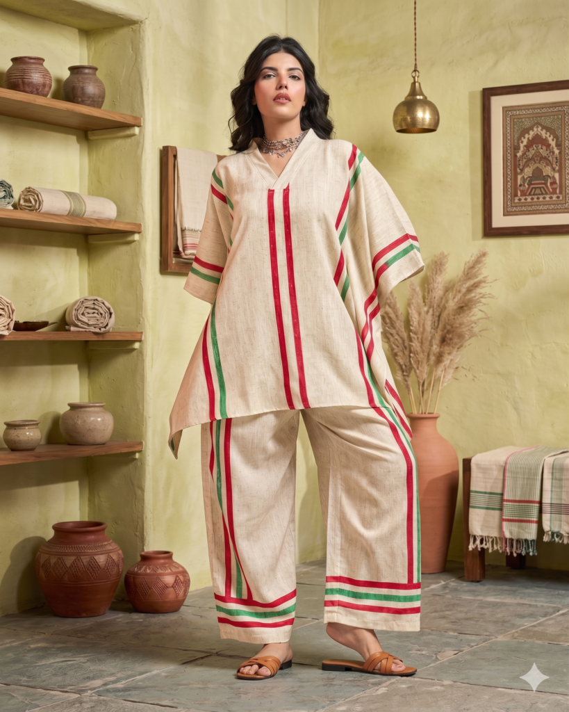 Red and Green stripe Soft Linen Kaftan Coord Sets – Effortless Summer Comfort for Dubai