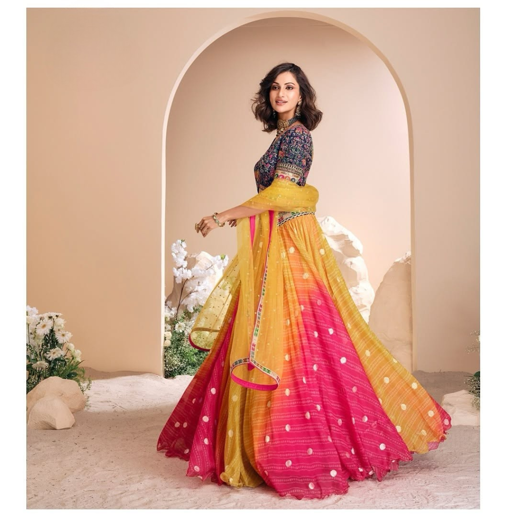 Multicolor Pink Yellow Ombre Lehenga Choli with Floral Embroidered Blouse