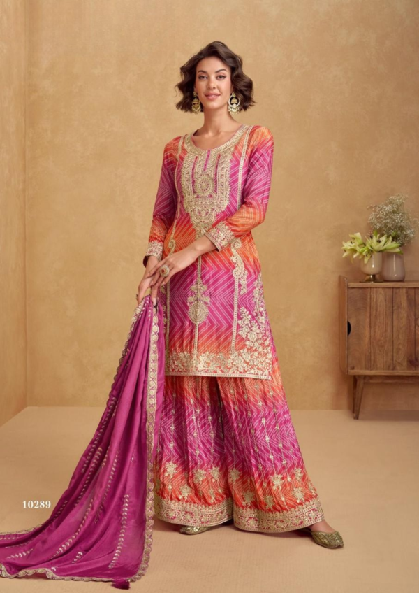 Bandhani Palazzo Set with Embroidery Coding in Chinon Fabric | Pink Orange Embroidered 3pc Suit for Women
