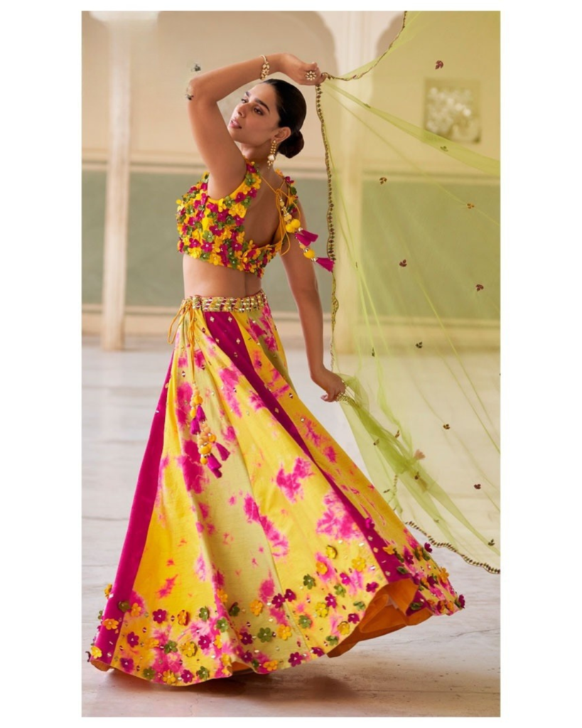Dreamy Yellow Floral Lehenga Choli with 3D Embellished Blouse & Sheer Dupatta