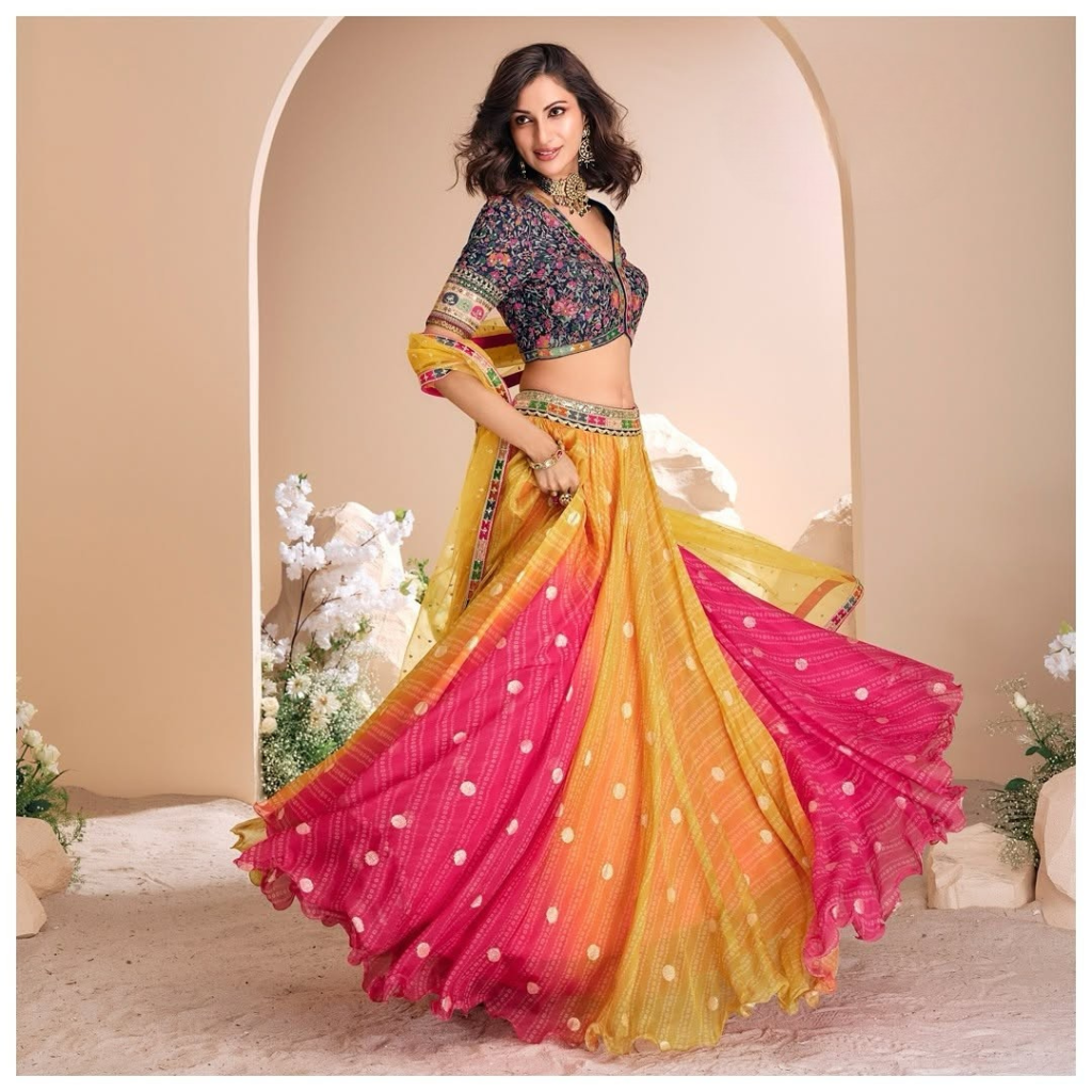 Multicolor Pink Yellow Ombre Lehenga Choli with Floral Embroidered Blouse