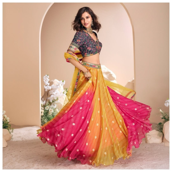 Multicolor Pink Yellow Ombre Lehenga Choli with Floral Embroidered Blouse