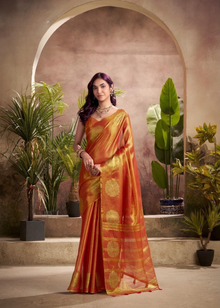 Rust Orange Tissue Silk Saree with Golden Floral Patterns