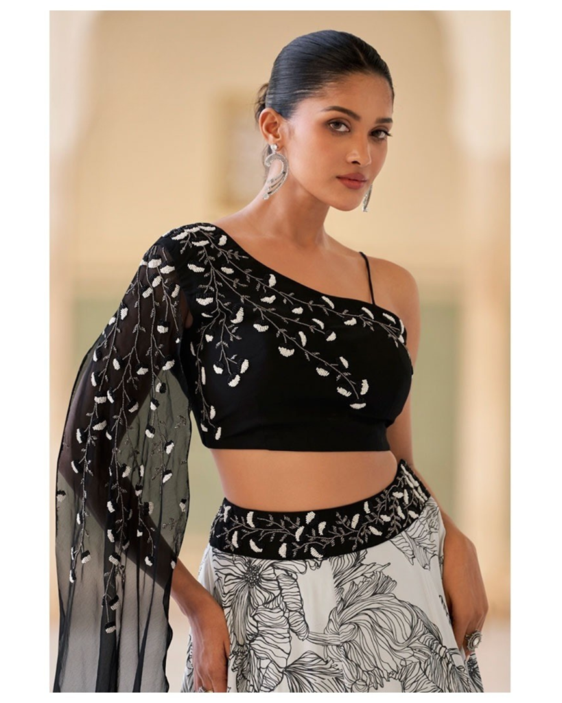 Elegnat Black & White One Shoulder Crop Top with Floral Print Skirt Set
