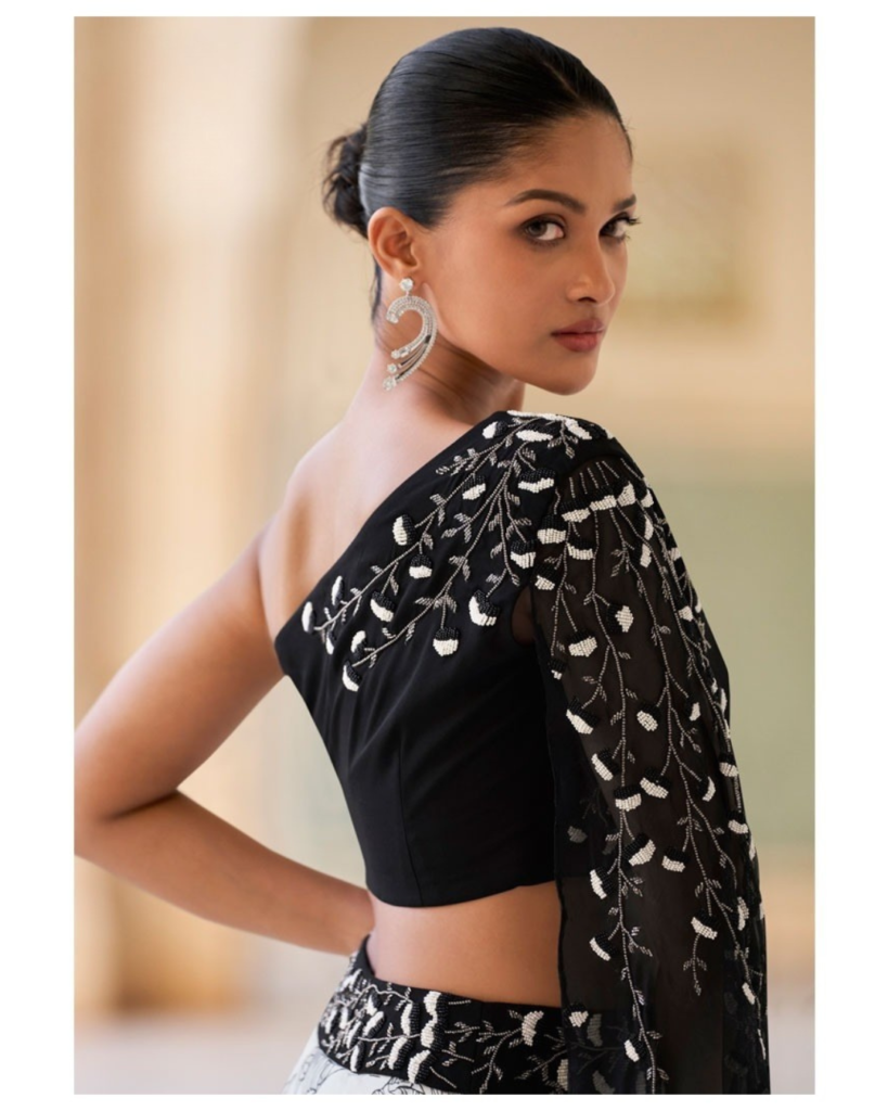 Elegnat Black & White One Shoulder Crop Top with Floral Print Skirt Set