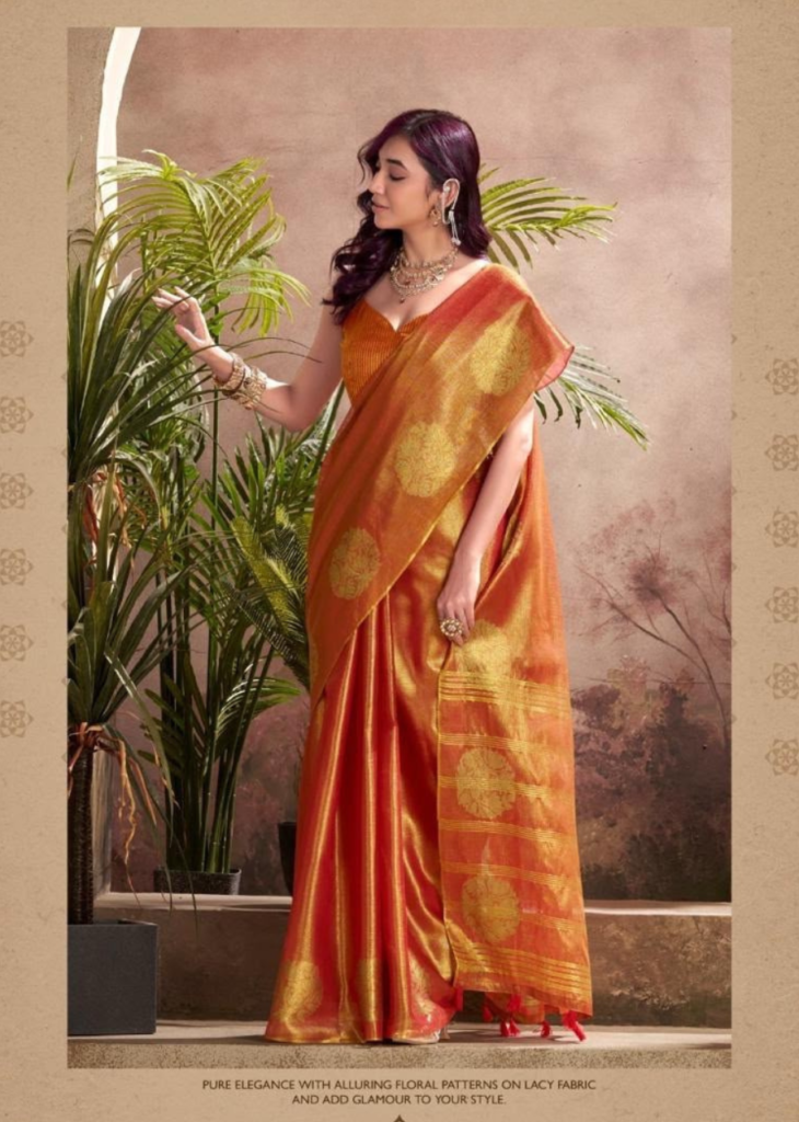 Rust Orange Tissue Silk Saree with Golden Floral Patterns