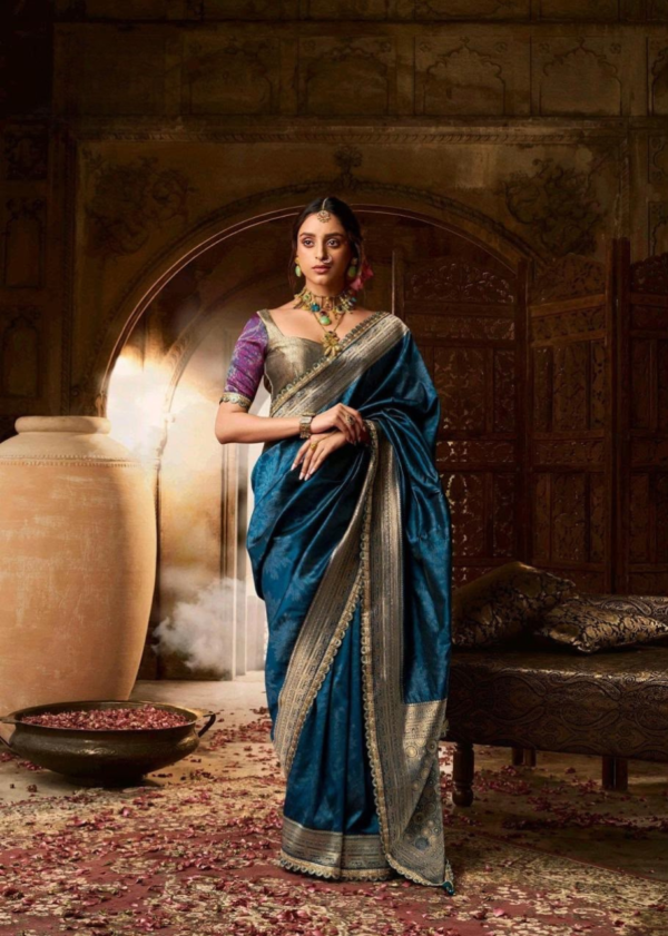 Teal Blue Banarasi Silk Jacquard Saree with Lace Border & Heavy Pallu