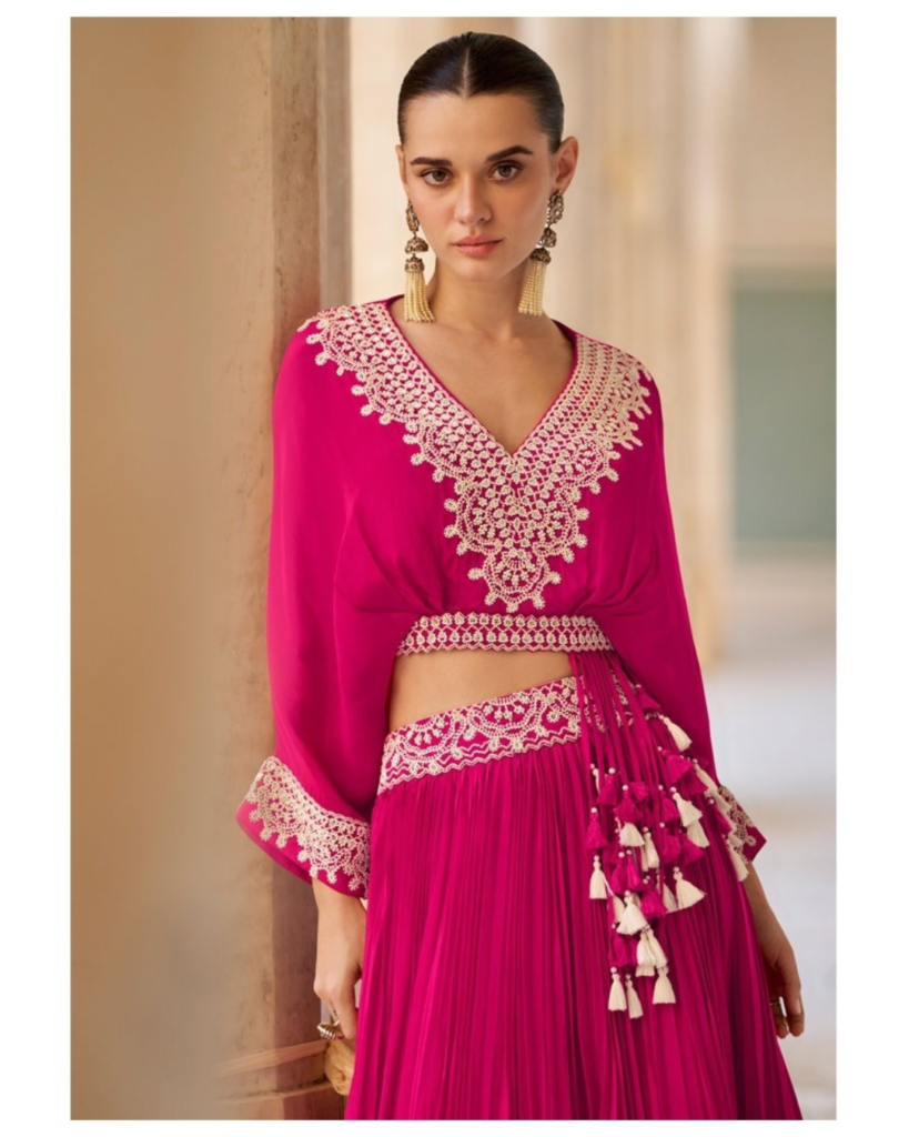 Hot Pink Crop Top & Pleated Skirt Set with Lace Embroidery and Tassels