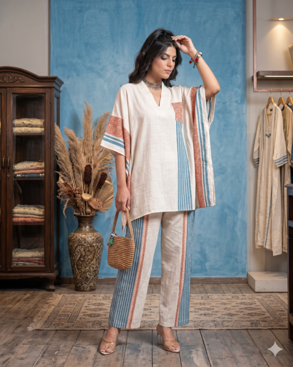 White and Blue Soft Linen Kaftan Coord Sets – Effortless Summer Comfort for Dubai