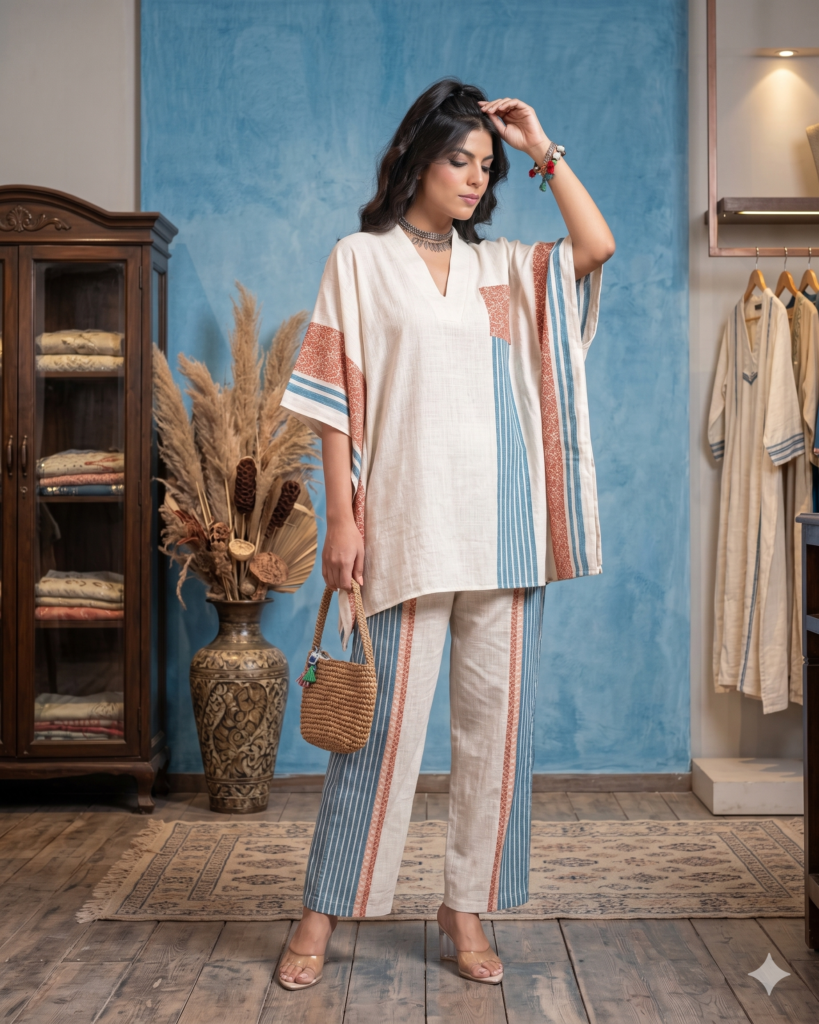 White and Blue Soft Linen Kaftan Coord Sets – Effortless Summer Comfort for Dubai