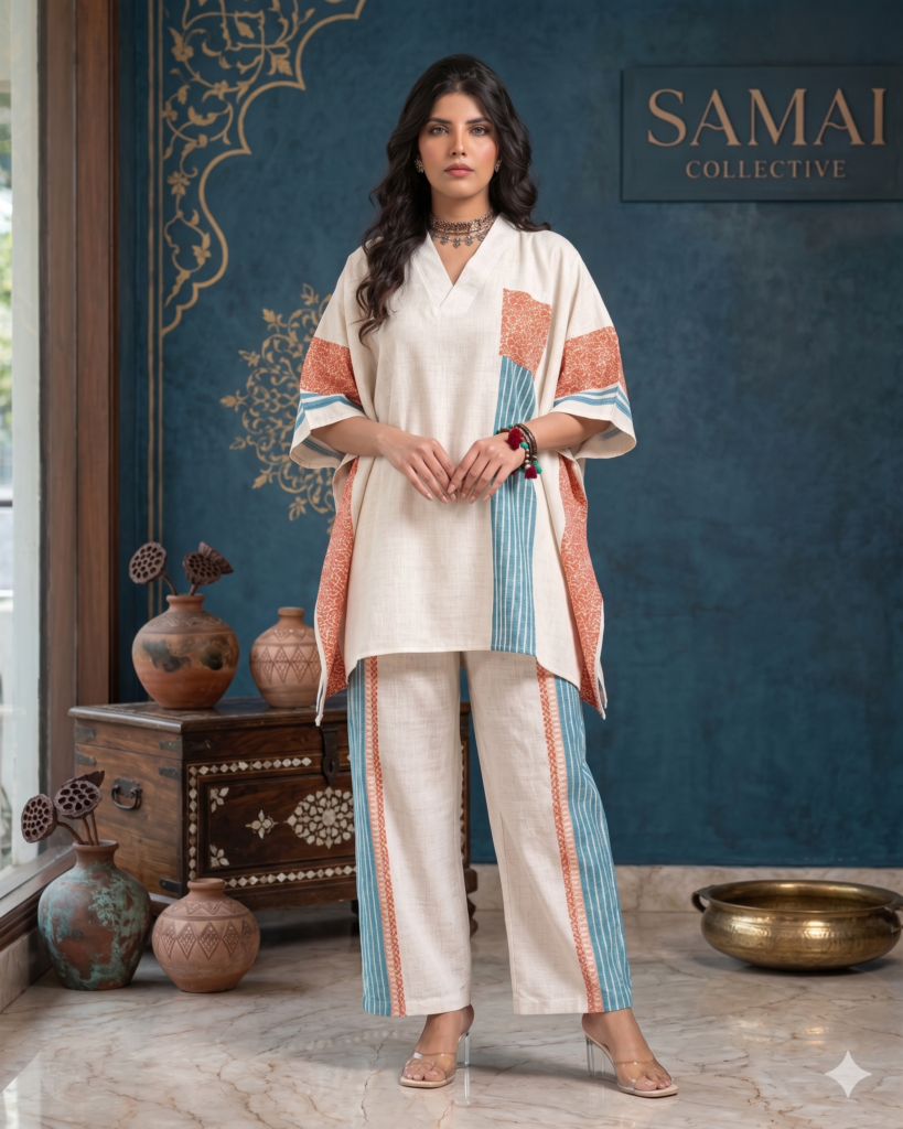 White and Blue Soft Linen Kaftan Coord Sets – Effortless Summer Comfort for Dubai
