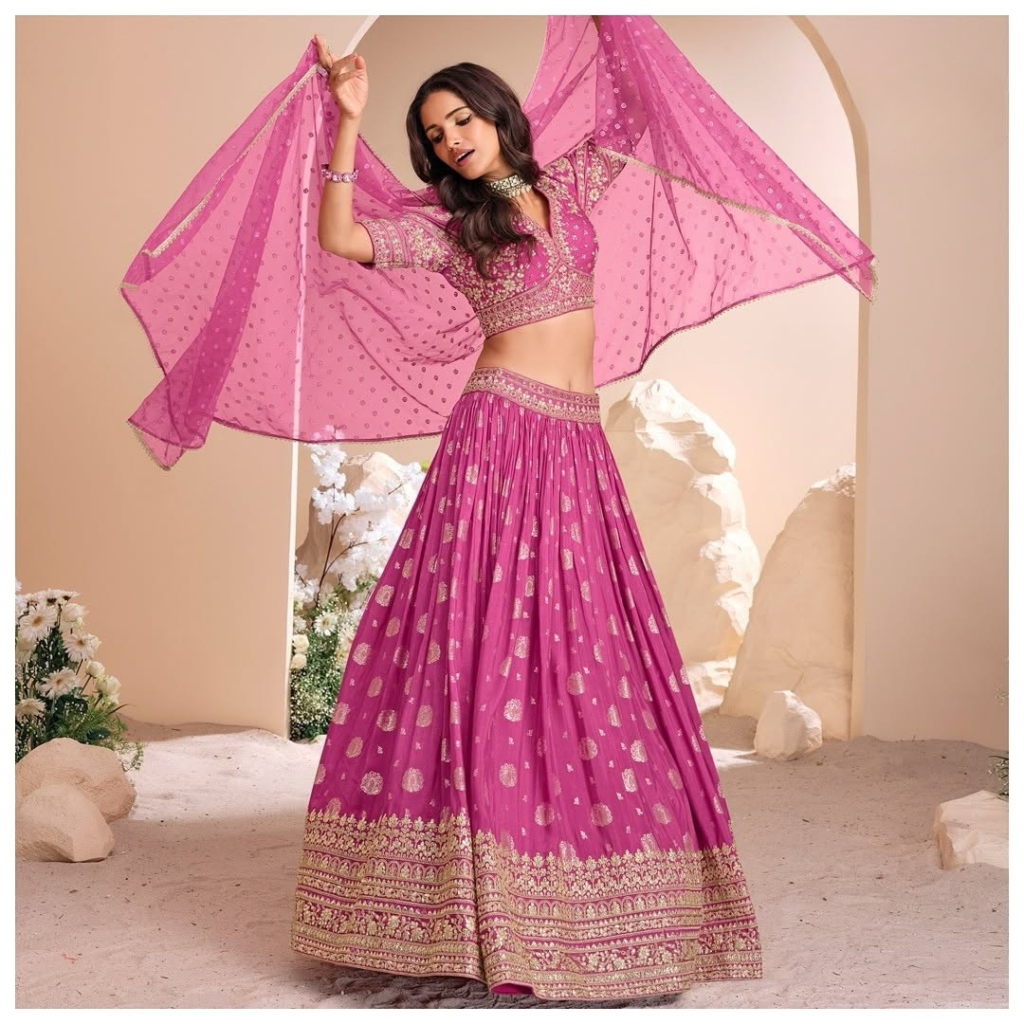 Vibrant Pink Lehenga Choli with Heavy Gota Work Embroidery & Sheer Dupatta