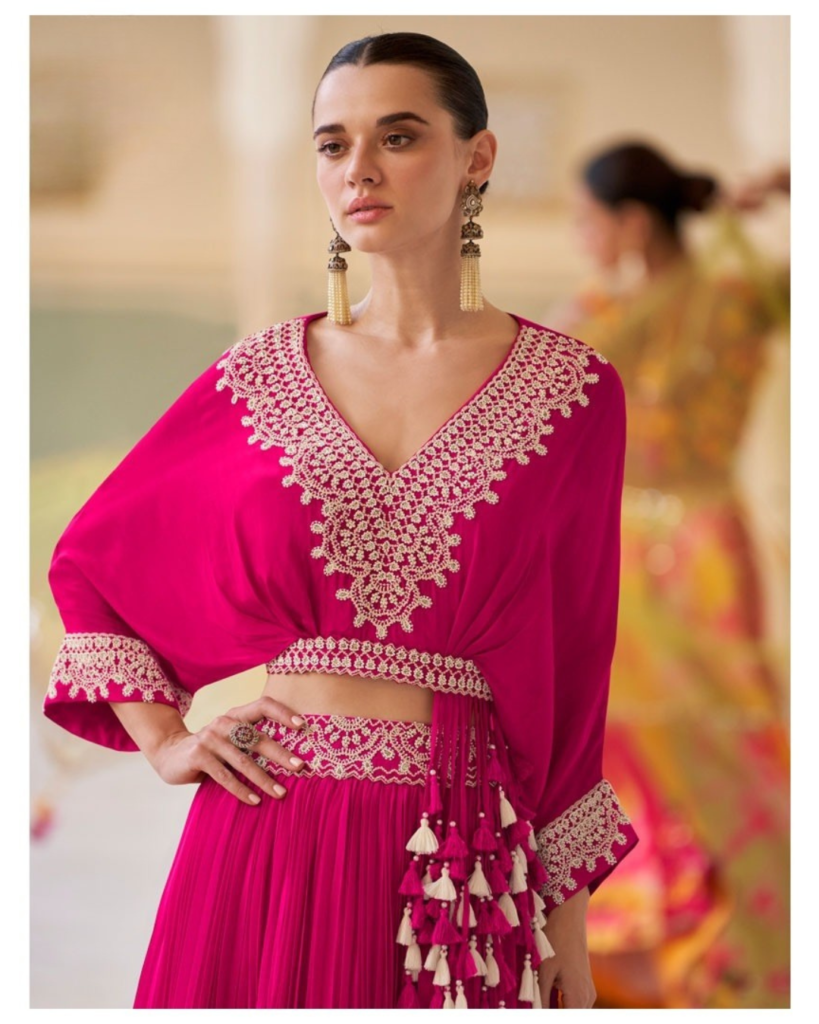 Hot Pink Crop Top & Pleated Skirt Set with Lace Embroidery and Tassels