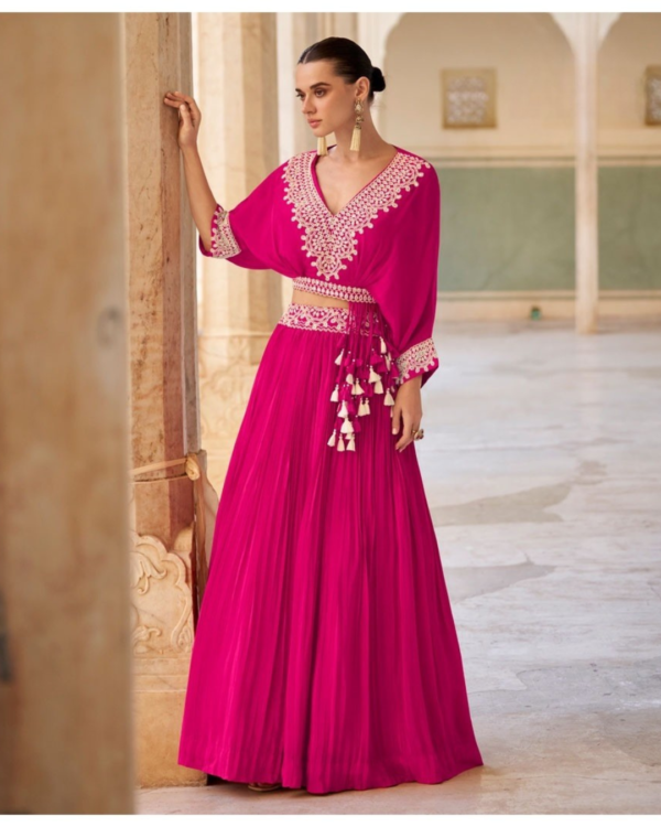 Hot Pink Crop Top & Pleated Skirt Set with Lace Embroidery and Tassels