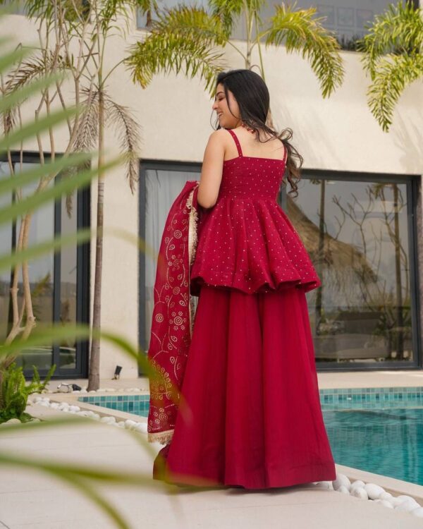 Elegant Red Sharara Set with Peplum Top and Embroidered Dupatta