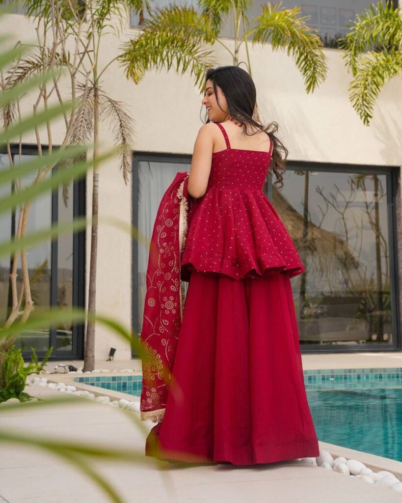 Elegant Red Sharara Set with Peplum Top and Embroidered Dupatta