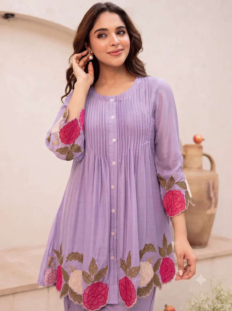 Lilac Pure Cotton Coord Set with Embroidered Details – Best breathable fabric
